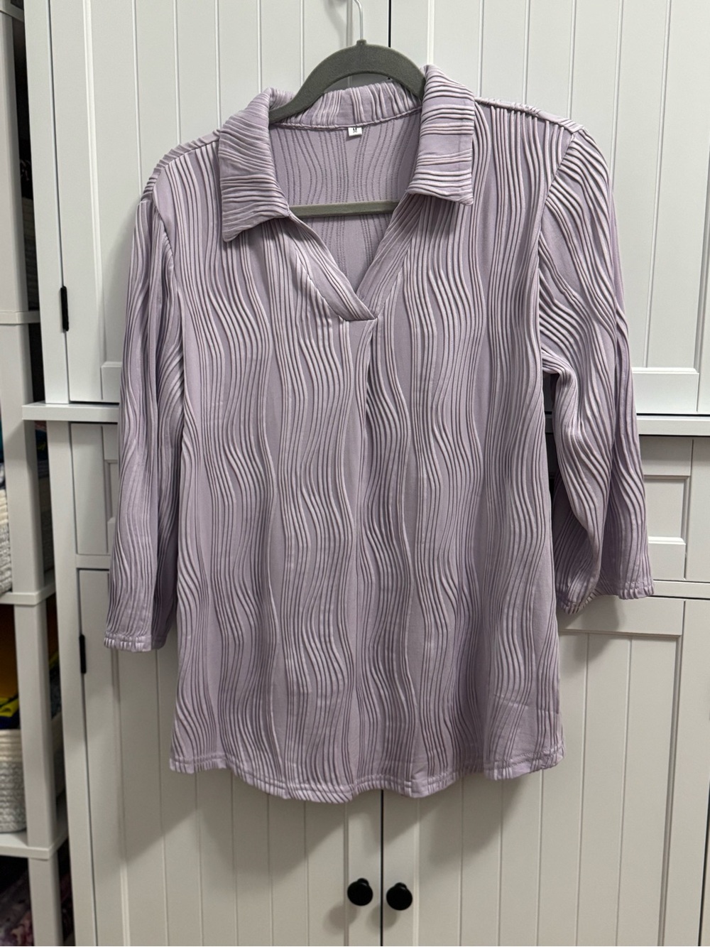 Relaxed Lavender Wave-Textured Collared Blouse